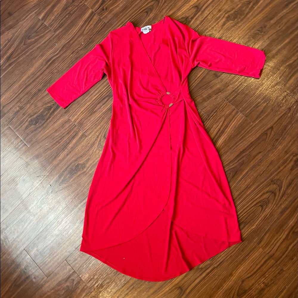Double Take Womens Red Plunging V-Neck Bodycon High Low Dress